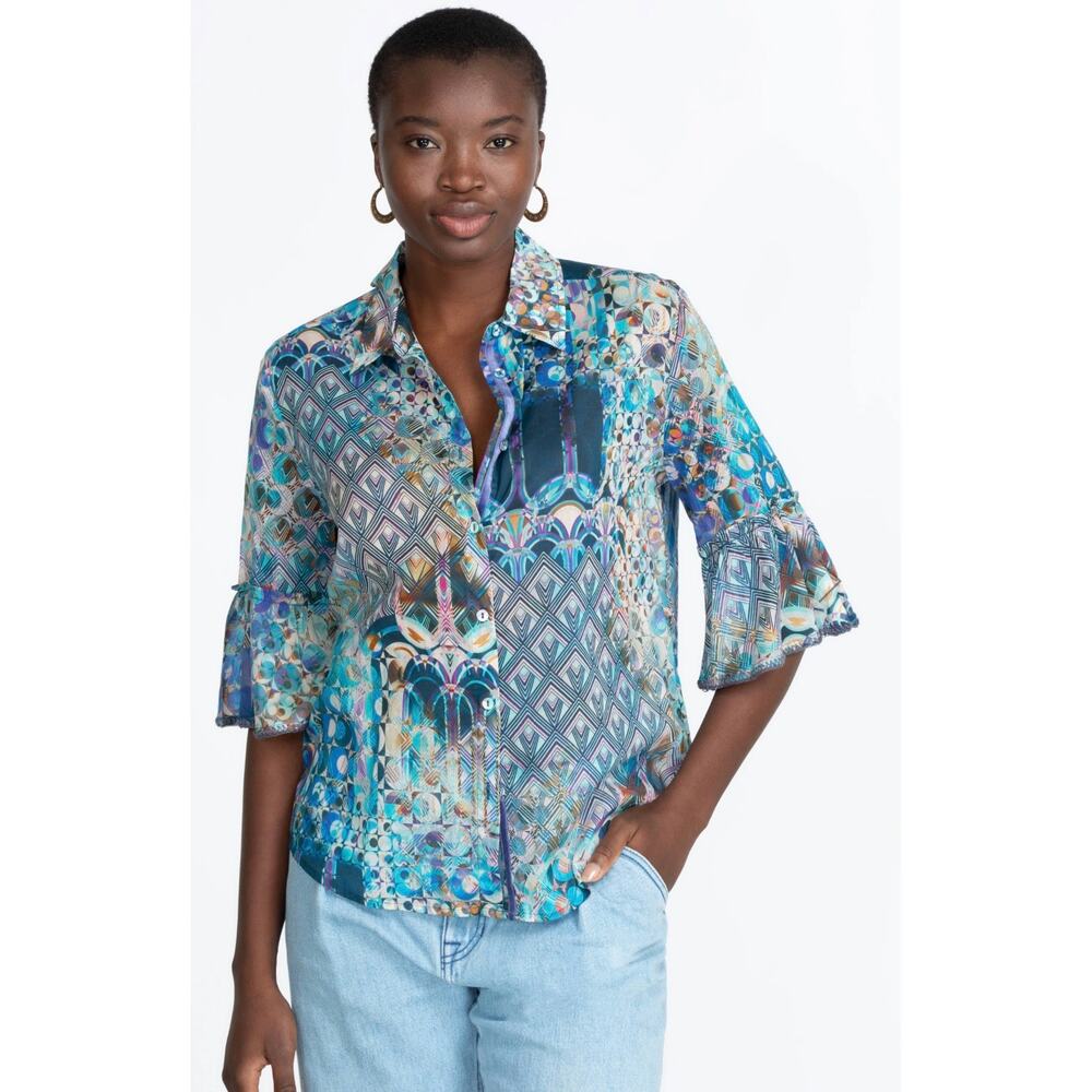 Johnny Was Workshop Klodi Ruffle Sleeve Blue Pattern Top Lightweight Blouse XS